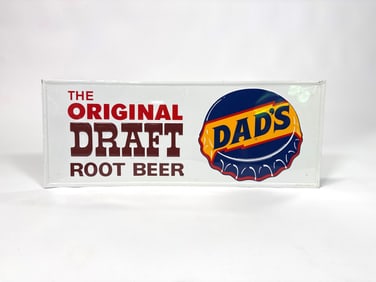 NOS 1970s original Dad’s Root Beer single sided tin soda sign.