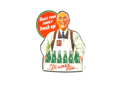 1948 7-Up Soda die cut cardboard easel back sign.