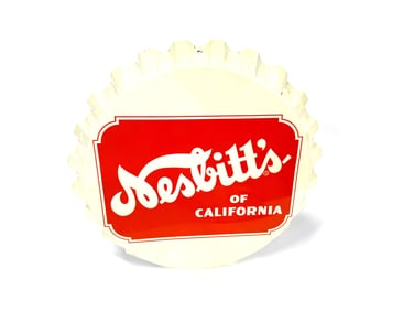 NOS Nesbitts of California Orange Soda  bottle-cap shaped tin sign.