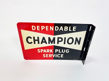 NOS late 1950s-early 60s Champion Spark Plug Service double-sided tin flange sign.