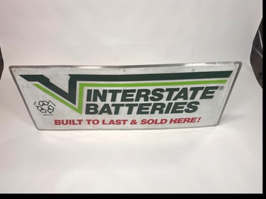 Vintage large interstate batteries, single sided embossed 10 garage sign. Condition: 7.5. Size: