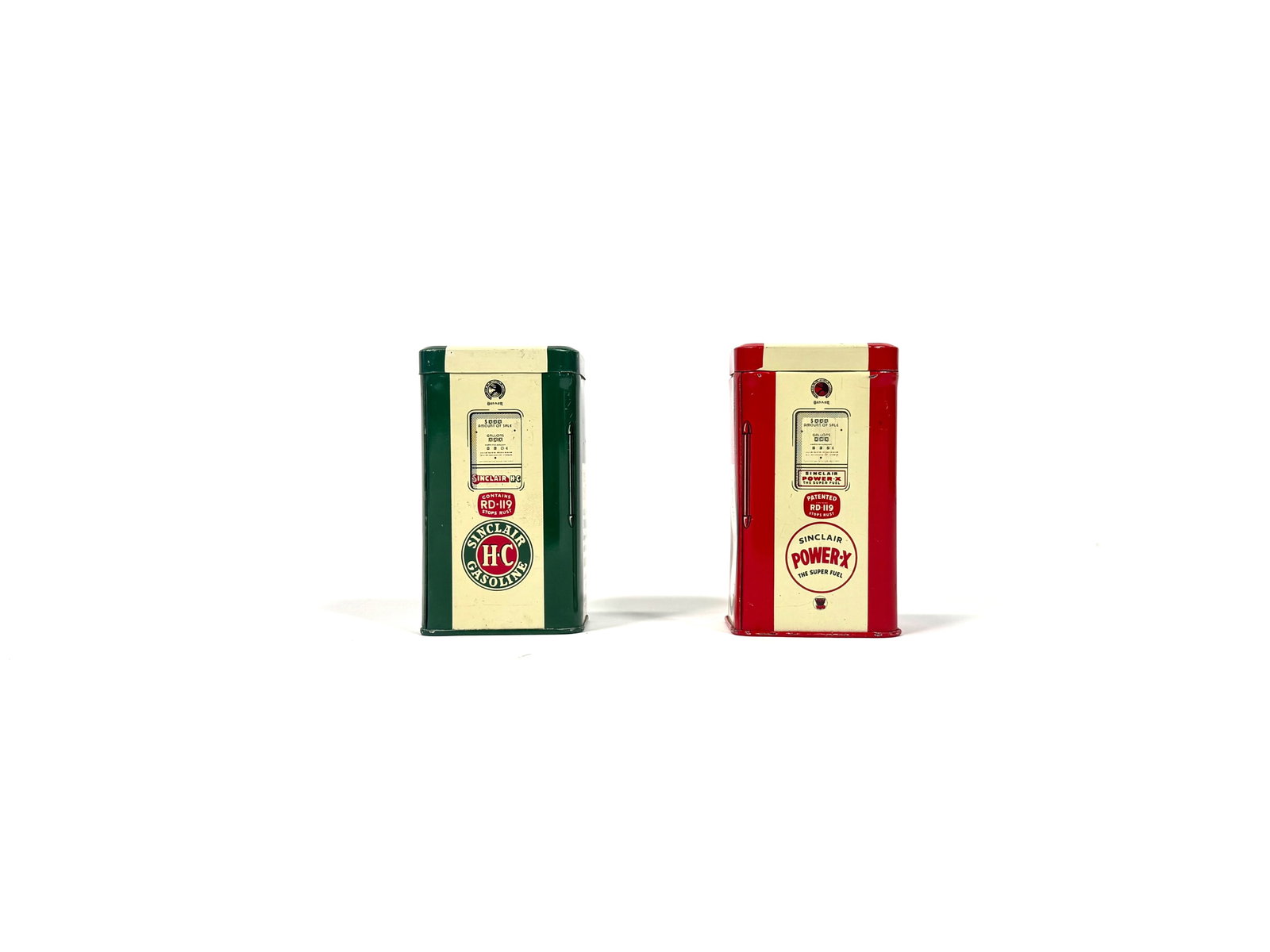 Lot of two 1950s Sinclair Oil promotional gas pump shaped tin coin banks. (1 of 1)