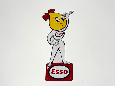 NOS 1960 Esso Oil Happy the droplet girl single-sided die-cut tin sign.