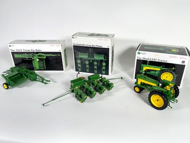Lot of three John Deere Precision Classics tractor and accessories by Ertl