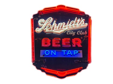 Uncommon 1930s Schmidt's Beer On Tap single-sided neon porcelain tavern sign.