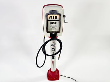 Nicely restored 1950s Eco Air Meter service station tire flator on stand.