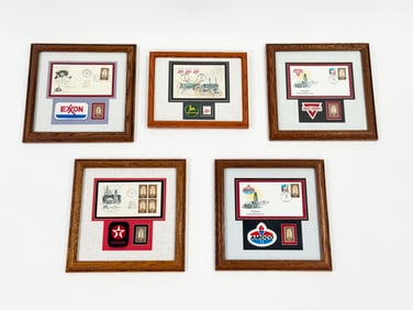 Lot of 5 circa 1959 - 1999 Oils First Century and John Deere collectible stamps with period patches.