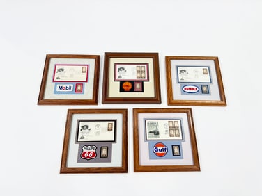 Lot of 5 circa 1959 Oils First Century framed collectible stamps with period service station patches