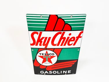 NOS 1947 Texaco Sky Chief Gasoline porcelain pump plate sign.