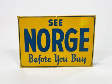 NOS 1940s-50s Norge Appliance single-sided embossed tin sign.