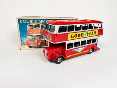 Late 1950s-early 60s English Double-Decker friction motor tin litho bus.