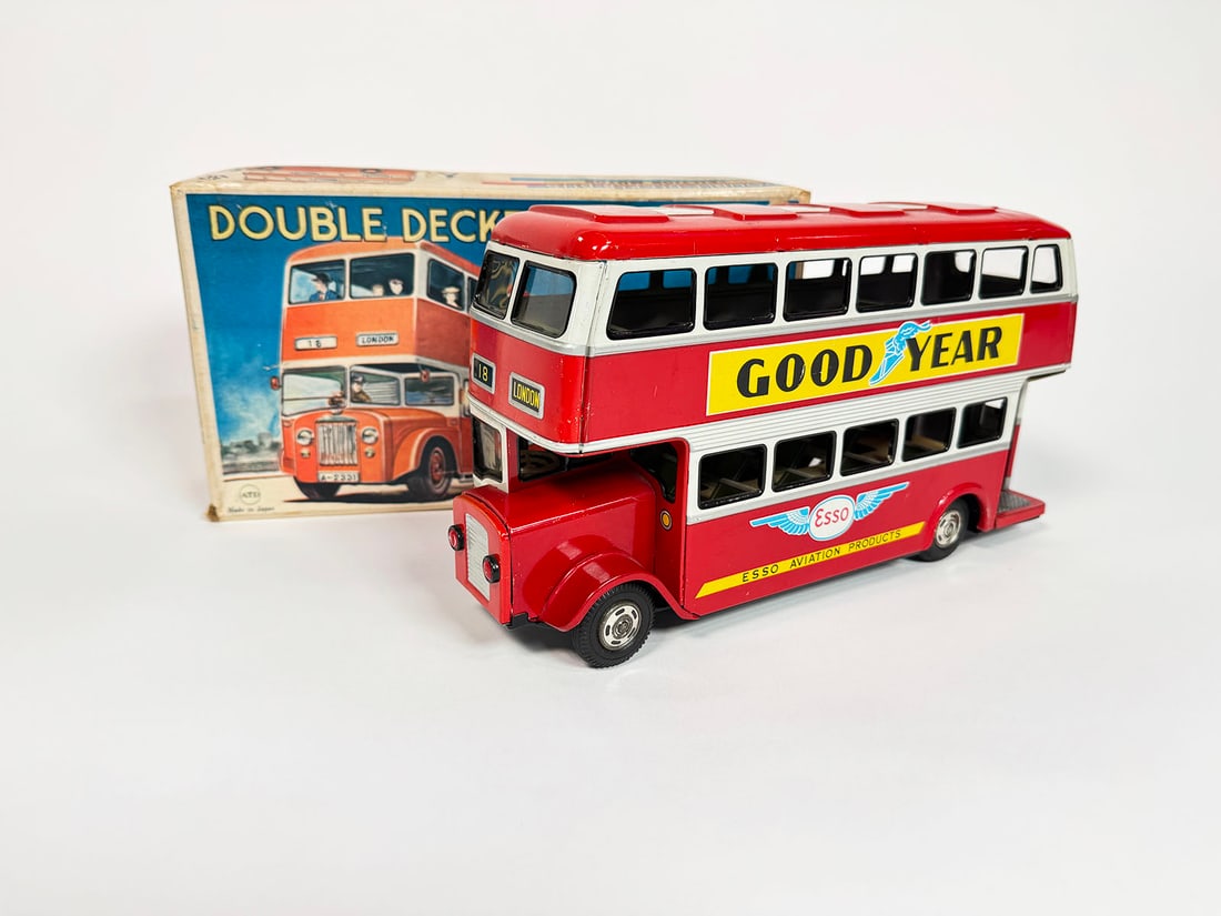 Late 1950s-early 60s English Double-Decker friction motor tin litho bus. (1 of 2)