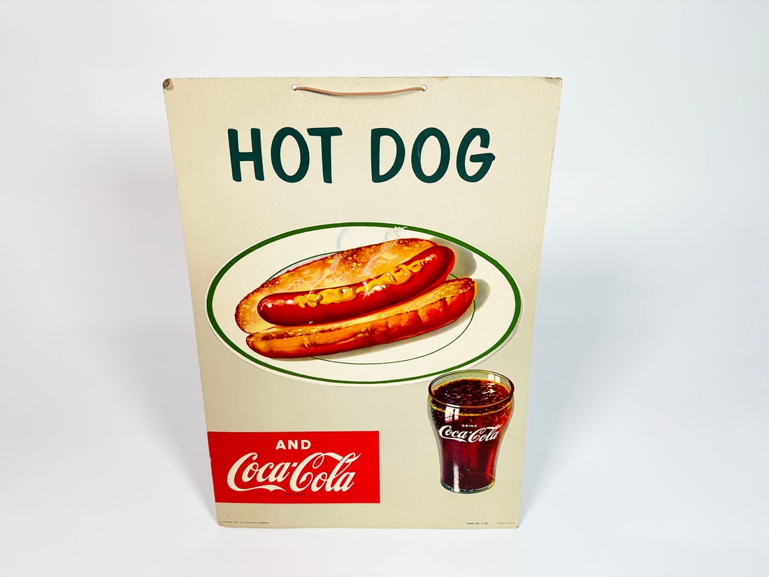 1953 Hot Dog and Coca-Cola cardbaord diner sign. (1 of 2)