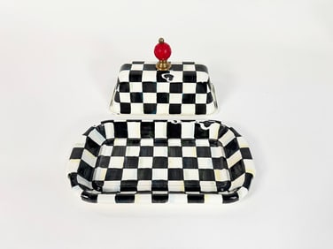 Lot of three MacKenzie-Childs Courtly Check enamel serving pieces.