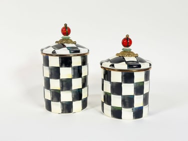 Lot of two MacKenzie-Childs Courtly Check Enamel lidded canisters.