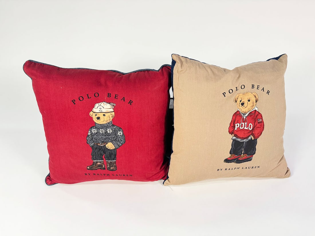 Lot of two Polo Bear by Ralph Lauren chamois pillows.: Lot of two Polo Bear by Ralph Lauren chamois pillows. Very nice condition. Size: 16"x16"x6".