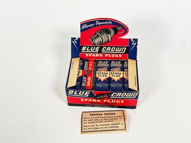 NOS 1930s Blue Crown Spark Plugs countertop display box.