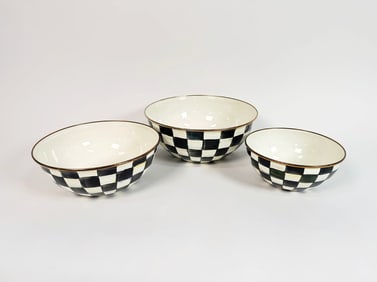 Lot of three MacKenzie -Childs Courtly Check enamel serving bowls.