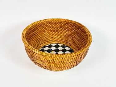 MacKenzie-Childs rattan serving basket with hand-painted Courtly Check pattern base.