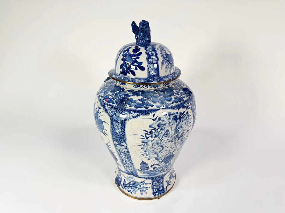 Large Maitland Smith hand-painted Chinoiserie urn with brass trim. (1 of 2)