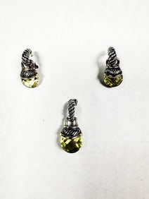 David Yurman faceted Peridot Two-tone Silver 14K Gold Pendant and French Clip Earrings.