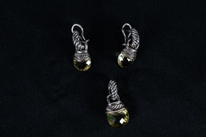 David Yurman faceted Peridot Two-tone Silver 14K Gold Pendant and French Clip Earrings.