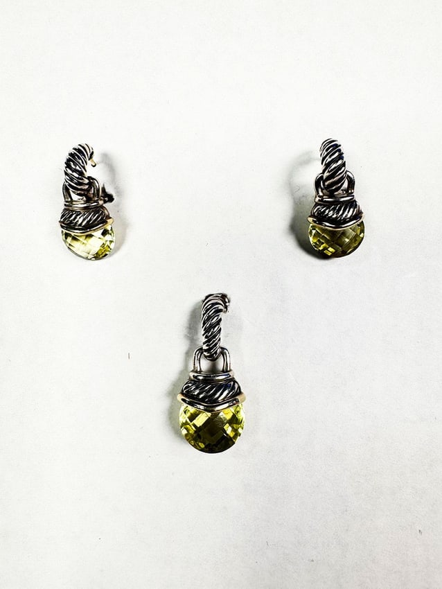 David Yurman faceted Peridot Two-tone Silver 14K Gold Pendant and French Clip Earrings. (1 of 7)