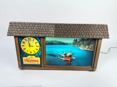 1960s Hamm's Beer chalet style tavern clock with Bear in canoe Northwood's artwork.