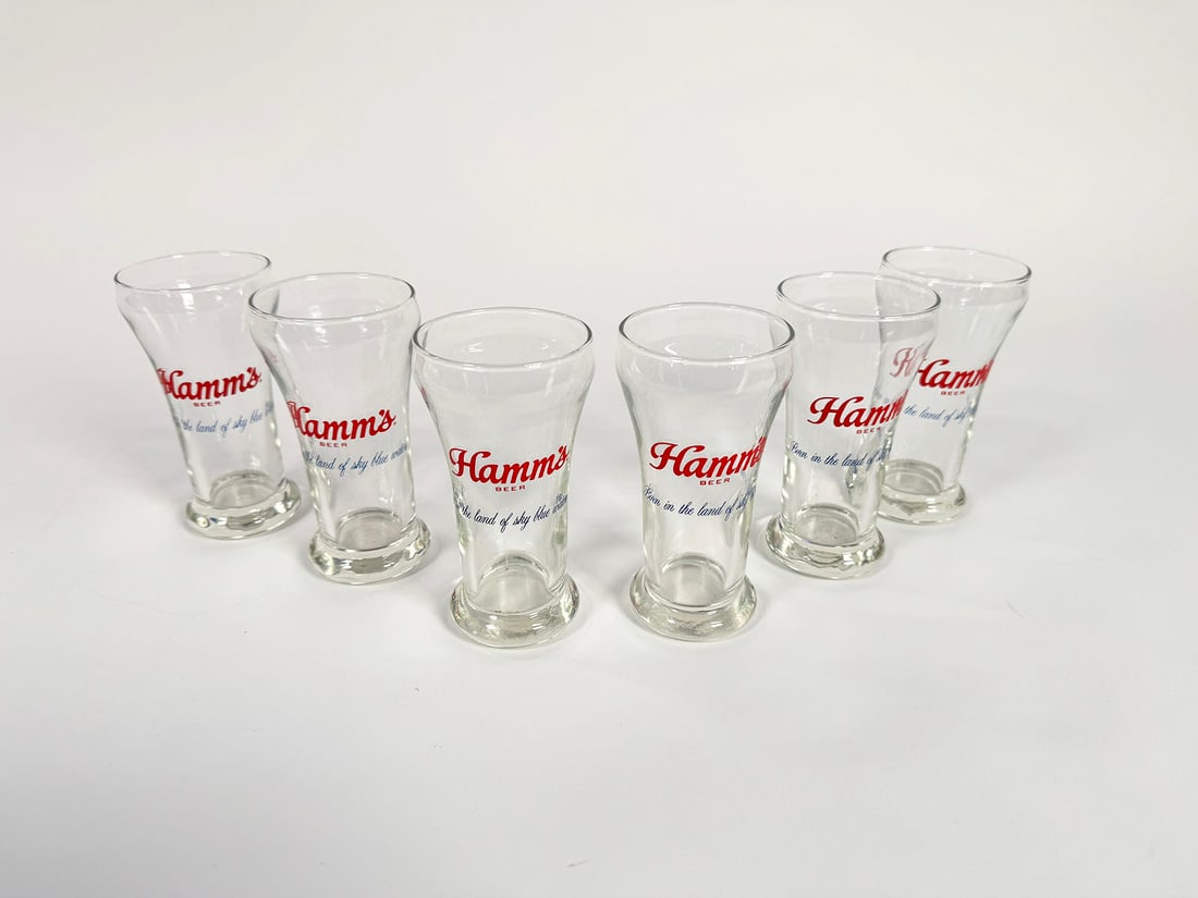 Lot of 6 late 1950s Hamm's Beer glasses.: Lot of 6 late 1950s Hamm's Beer glasses. Very clean. Possibly never used. Condition: 9.25+. Size: 2.5"x5.5"x2.5"