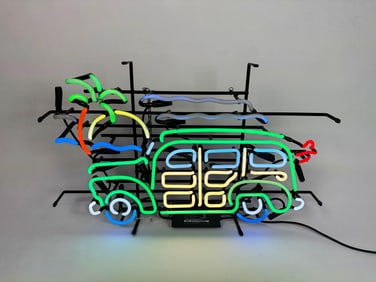 Woody wagon surfer automobile motif neon sign.