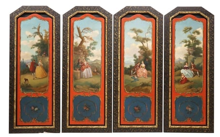 Lot of (4) Framed architectural wall panels, oil on stretched canvas, depicting French figural