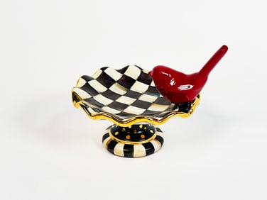 Retired rare MacKenzie-Childs Courtly Check enamel ring dish with red bird.