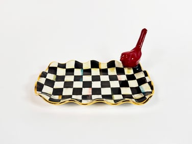 Retired rare MacKenzie-Childs Courtly Check enamel platter with red bird.