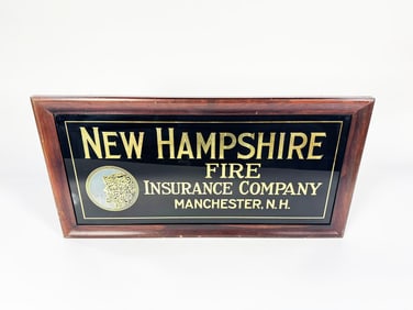 1910s New Hampshire Fire Insurance glass-faced wood-framed sign.