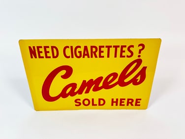 NOS 1950s Camels Cigarettes single-sided embossed tin sign.