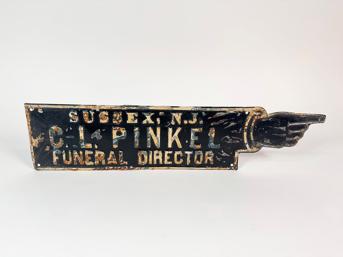 1920s Funeral Director finger-pointing directional tin sign. (1 of 1)
