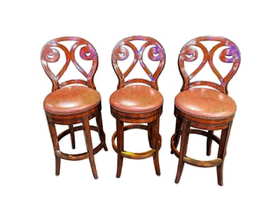Lot of 3 Artistica Home Swivel wood frame Bar Stool with leather seat and nail head trim.