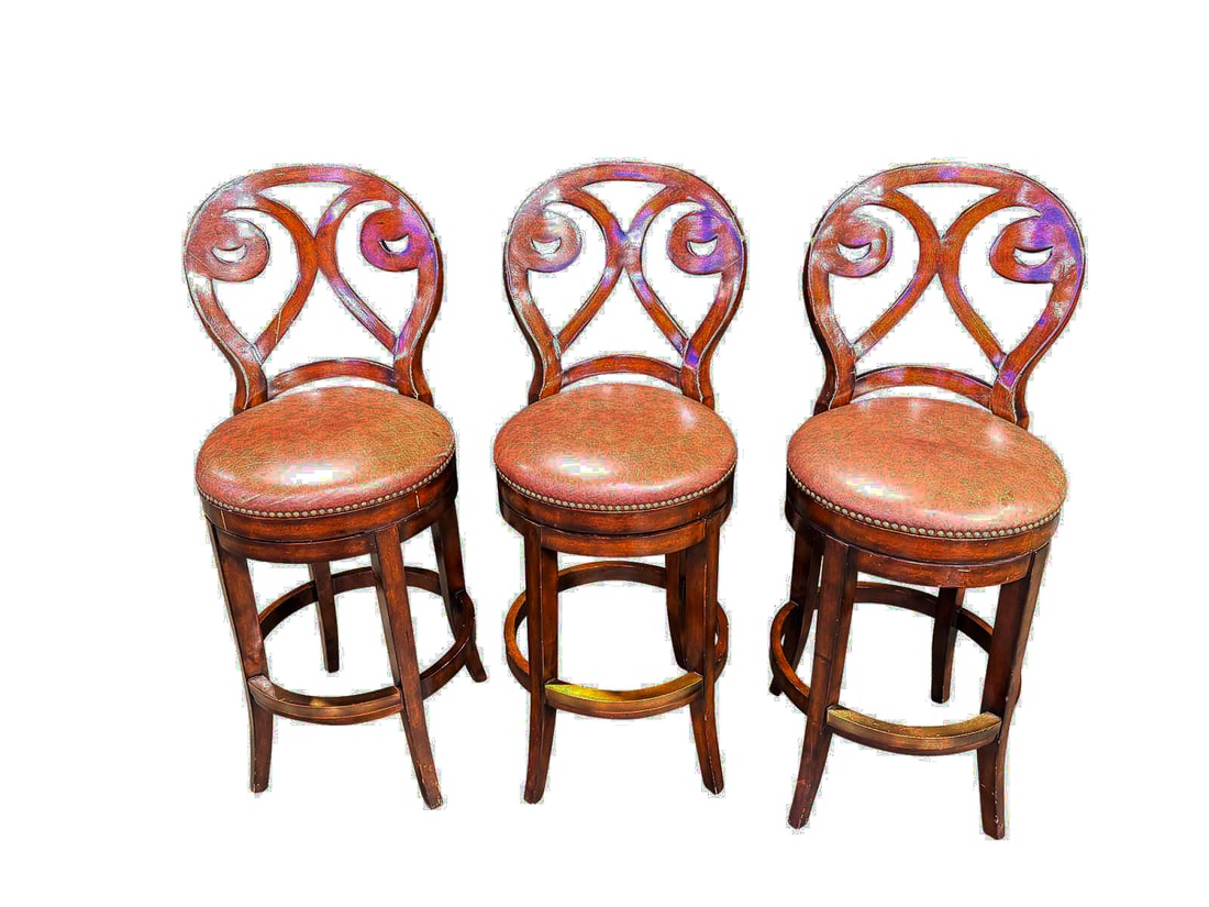 Lot of 3 Artistica Home Swivel wood frame Bar Stool with leather seat and nail head trim. (1 of 4)