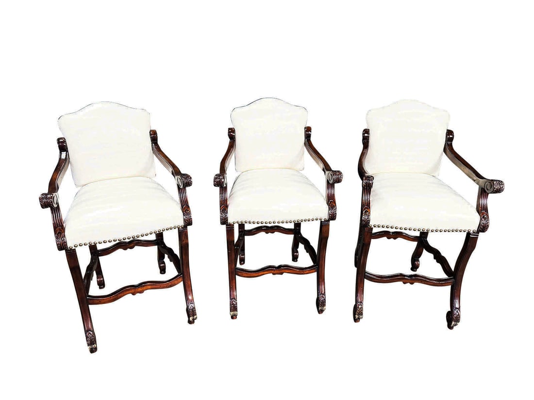 Louis XIV or XIII style carved fruit wood bar stool with faux leather upholstery and nail head trim. (1 of 6)