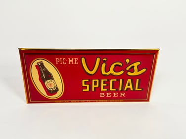 NOS late 1940s Vic's Special Beer celluloid tavern sign with bottle graphic.
