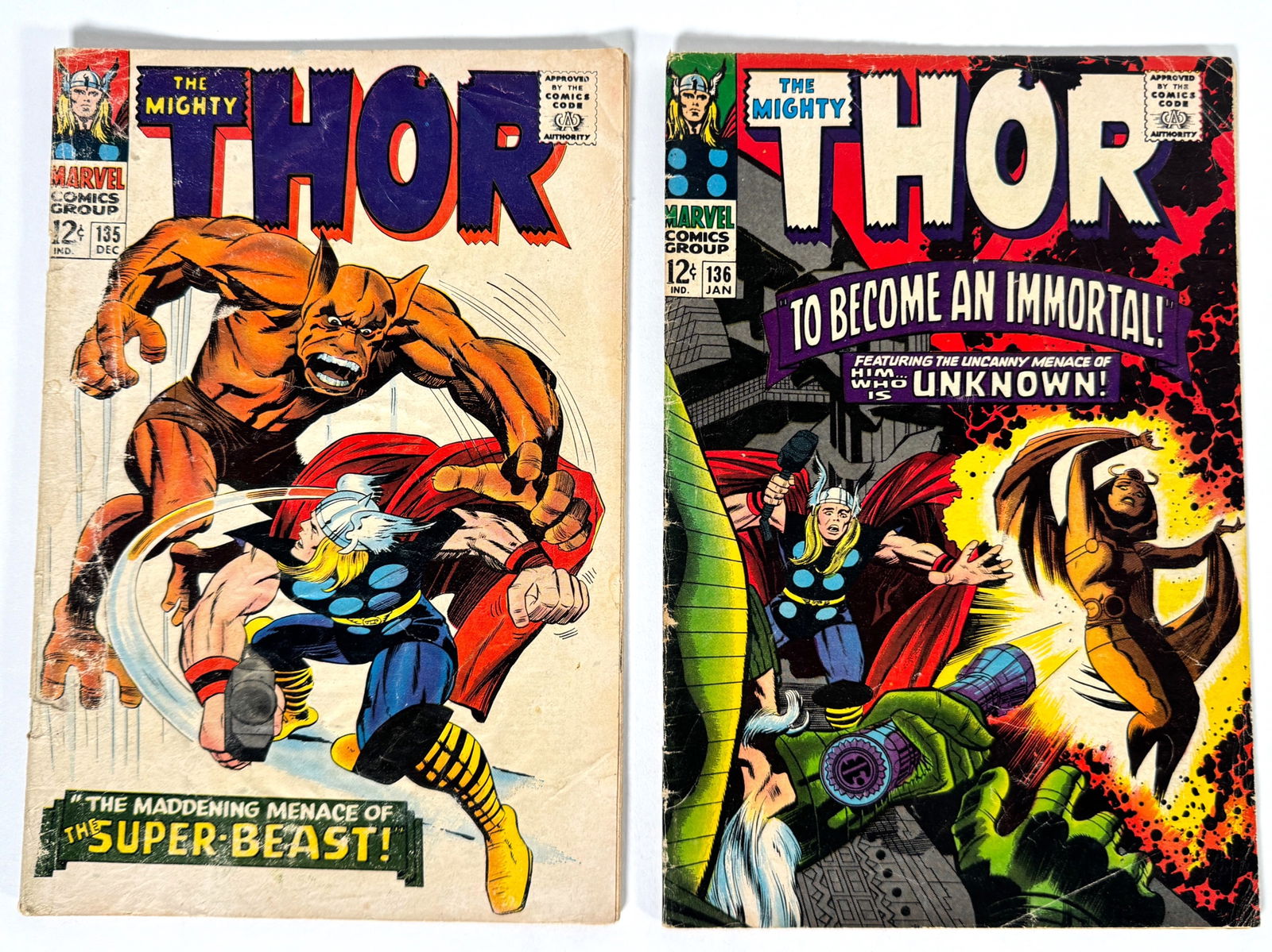 Lot of two 1966 and 1967 The Mighty Thor comics by Marvel. (1 of 2)