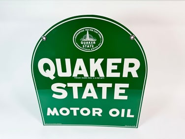 Vintage NOS Quaker State Motor Oil double-sided tin garage sign.