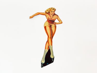 Scarce 1950s Veedol Oil Skater Girl die-cut tin station sign.