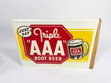 Sharp NOS 1948 Triple A Root Beer single-sided embossed tin sign.