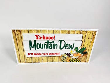 Reproduction Mountain Dew single-sided embossed tin sign.