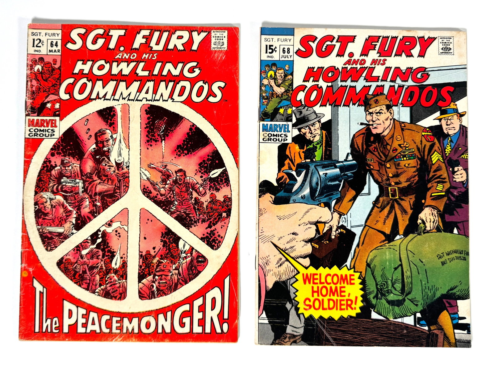 Lot of two 1969 Sgt. Fury and His Howling Commandos comics by Marvel.: Lot of two 1969 Sgt. Fury and His Howling Commandos comics by Marvel. Including; #64 Mar: "The Peacemonger!" and #68 July: "Welcome Home, Solider!". #64 presents with some wrinkling and small orange s
