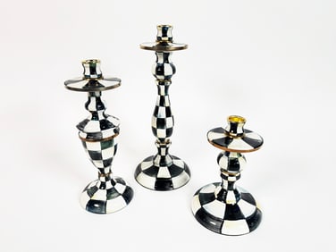 Set of three MacKenzie-Childs Courtly Check hand-painted enamel candle sticks.