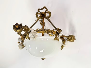 Fine Antique Gilt Bronze Chandelier With Porcelain Flowers.