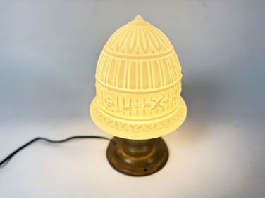 1930s Art Deco brass lamp with Milk Glass Acorn shade.