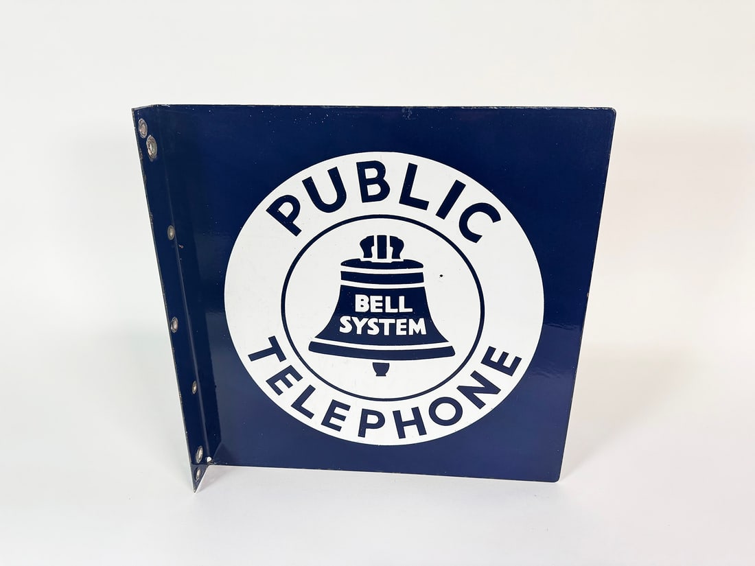 Circa 1950s Bell Public Telephone double-sided porcelain sign.: Circa 1950s Bell Public Telephone double-sided porcelain sign. Features period Bell logo. Condition: 8.75+. Size: 18"x18"x2".